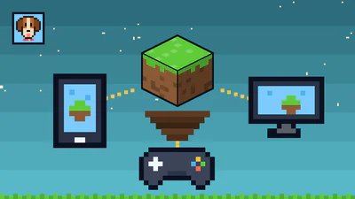 Telefon, pad i monitor połączone z jednym blokiem trawy — crossplay na serwerze OneBlock